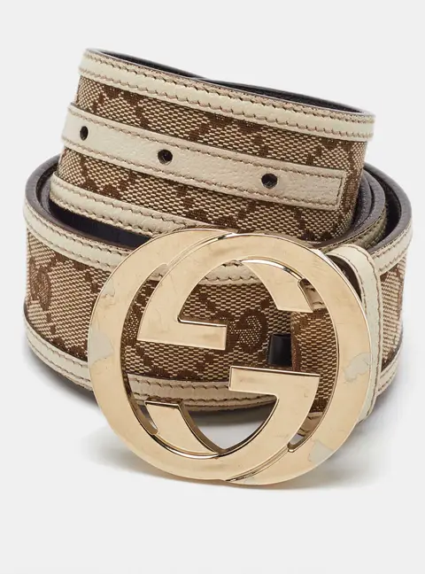 Gucci Beige GG Canvas and Leather Interlocking G Buckle Belt 95CM