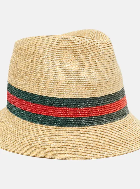 Gucci Brown Web Print Straw Fedora Hat M