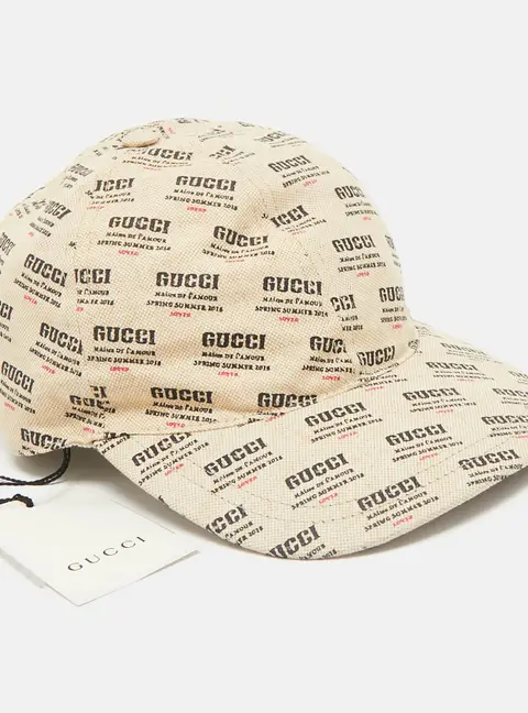 Gucci Beige Stamp Print Linen Blend Baseball Cap M