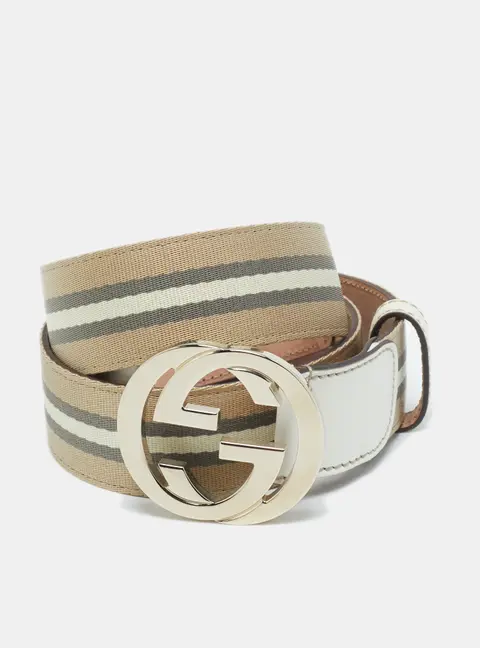 Gucci Beige/White Web Canvas and Leather Interlocking G Buckle Belt 90CM