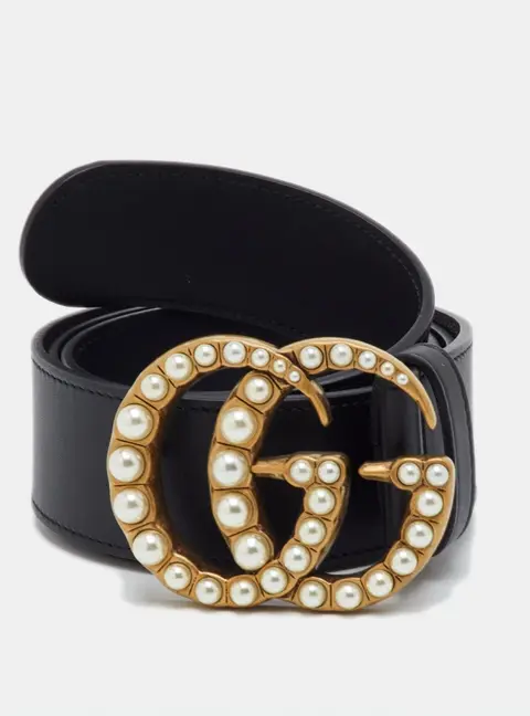 Gucci Black Leather Pearl Embellished GG Marmont Belt 95CM
