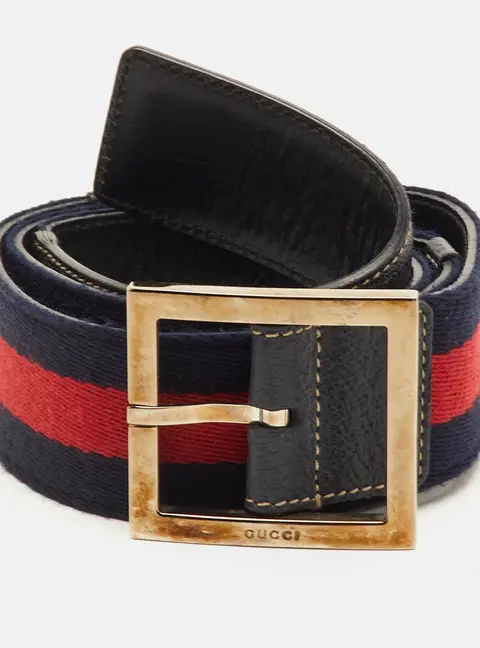 Gucci Navy Blue/Red Leather and Web Stripe Buckle Belt 85CM