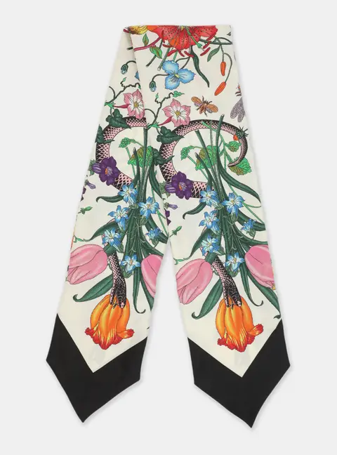Gucci Ivory & Black Flora Snake Print Silk Neck Bow