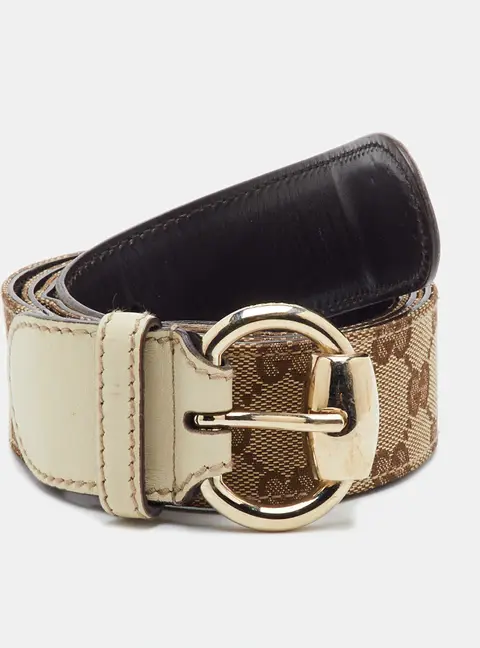 Gucci 100 CM Beige/Cream GG Canvas and Leather Buckle Belt