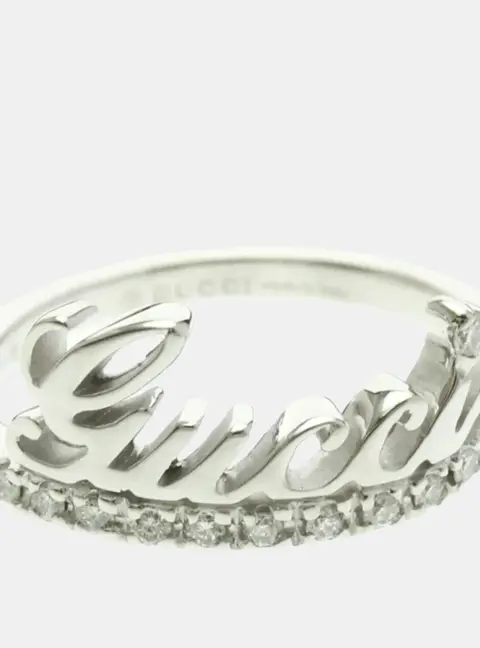 Gucci Logo Signature Diamond Ring 18k White Gold EU 50