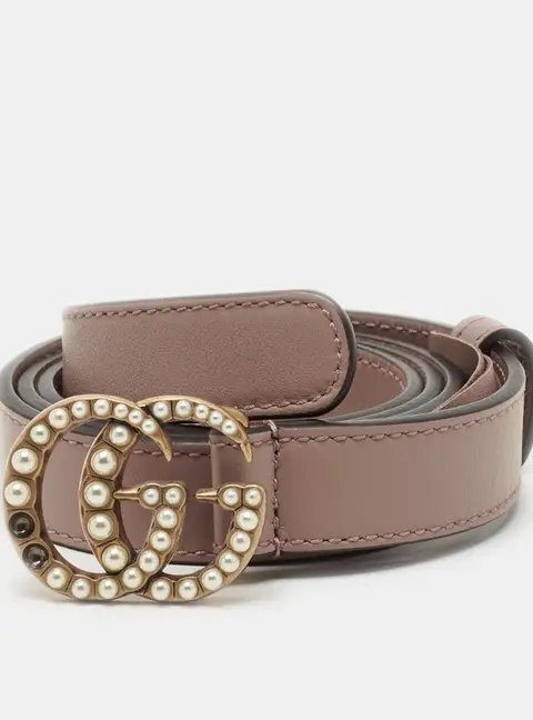 Gucci GG Marmont Pearl Embellished 75 CM Buckle Belt Dusty Pink Leather