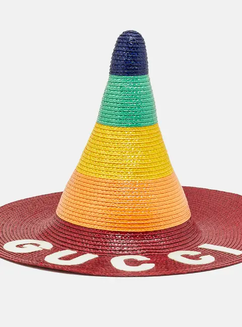 Gucci Multicolour Logo Detail Long Straw Hat M
