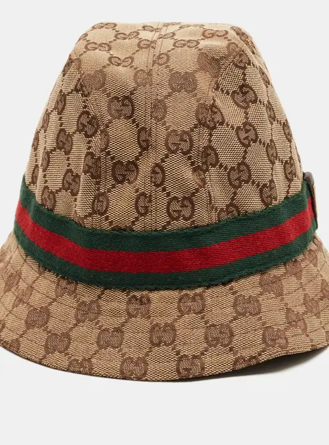Gucci Brown Web Striped Monogram Jacquard Canvas Bucket Hat M