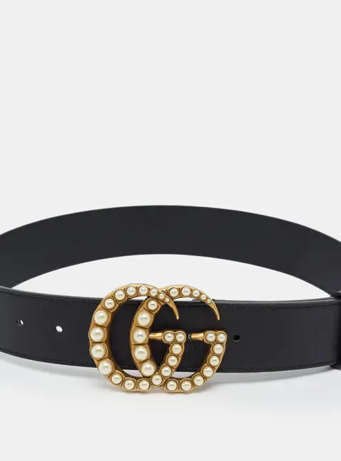 Gucci GG Marmont Faux Pearl 75 CM Buckle Belt Black Leather