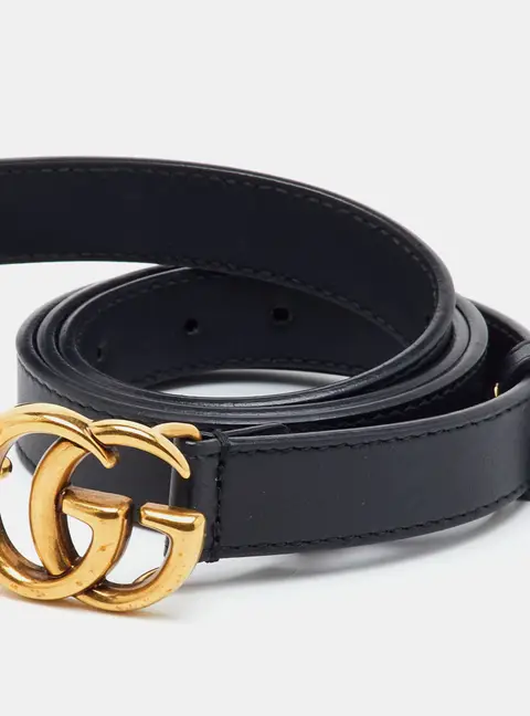 Gucci Black Leather GG Marmont Buckle Narrow Belt 75CM