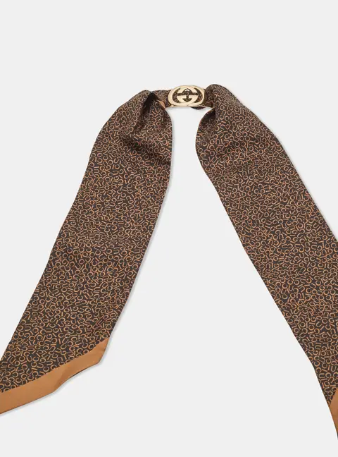 Gucci Brown Lettering Print Silk GG Ring Bandeau Scarf
