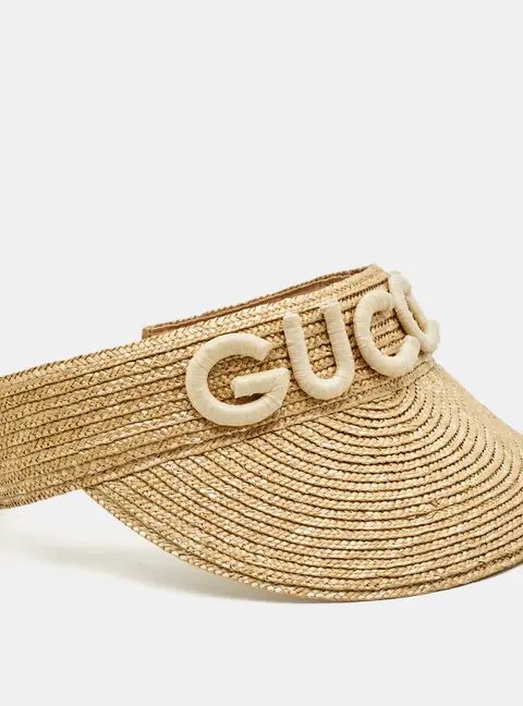 Gucci Beige Logo Embellished Straw Stella Visor Hat Size 58