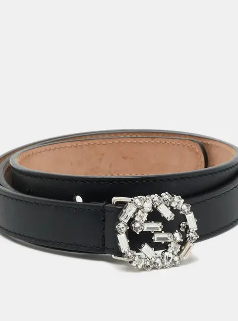 Gucci Interlocking G Crystal 75 CM Slim Buckle Belt Black Leather