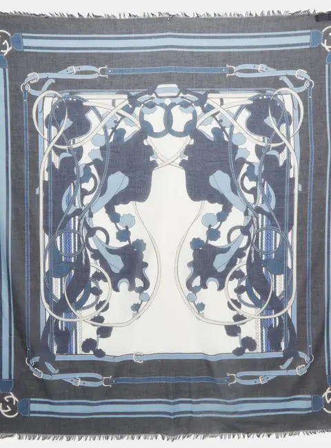 Gucci Blue Equestrian Belt Print Cotton Voile Fringed Square Scarf