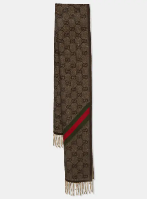 Gucci Brown Monogram Web Striped Wool Blend Fringed Scarf
