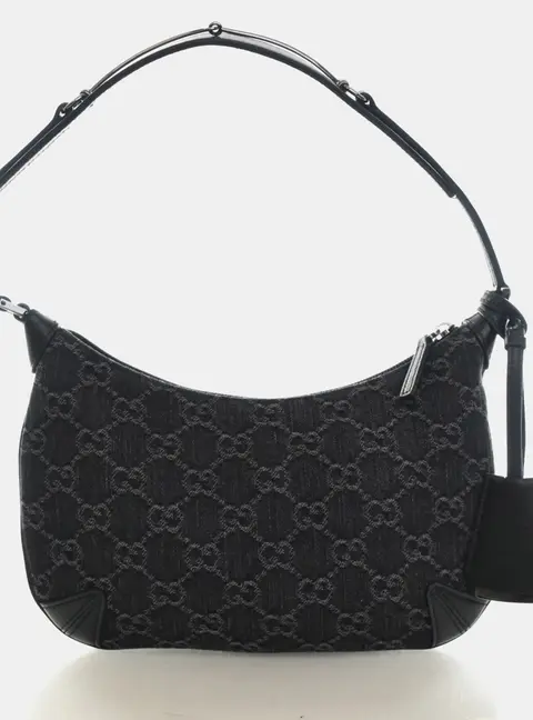 Gucci Horsebit Slim Small Black GG Denim Leather Shoulder Bag