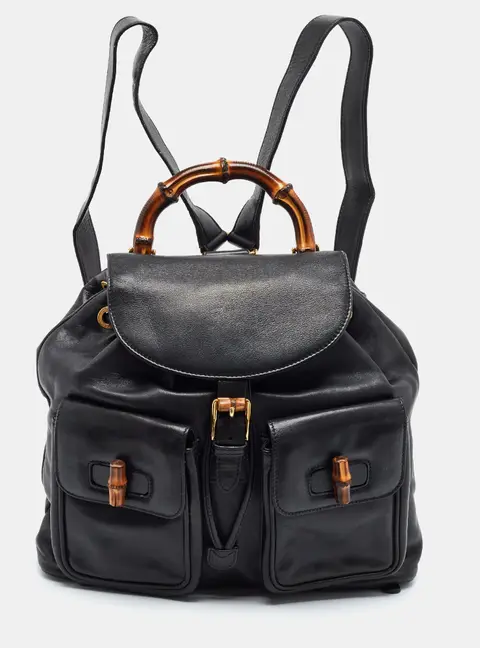 Gucci Bamboo Twin Pocket Black Leather Backpack