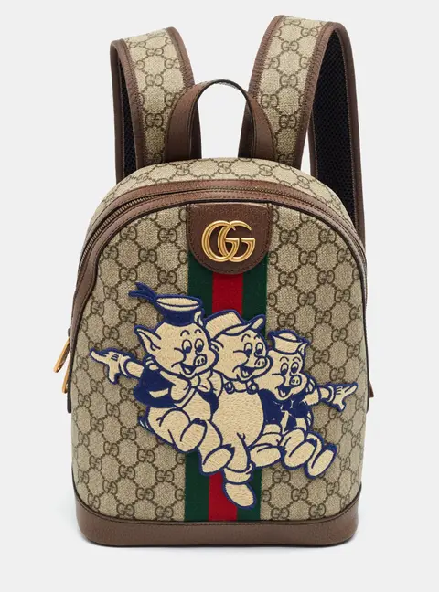 Gucci x Disney Three Little Pigs Ophidia Beige GG Supreme Canvas and Leather Backpack