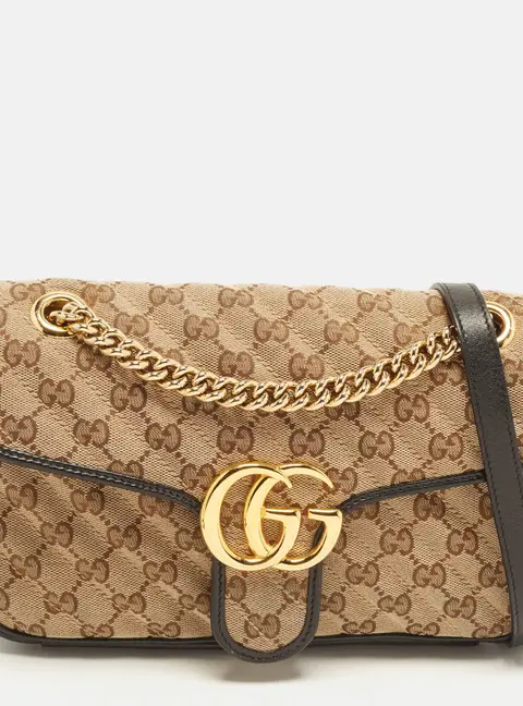 Gucci GG Marmont Flap Medium Diagonal Quilted GG Canvas and Leather Shoulder Bag
