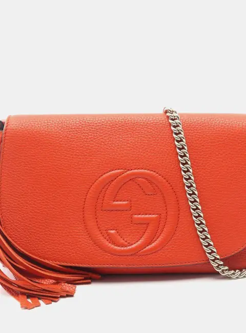 Gucci Soho Medium Orange Pebbled Calfskin Leather Flap Chain Crossbody Bag