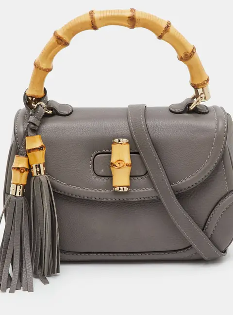 Gucci Bamboo 1947 Medium Taupe Grey Leather Top Handle Bag