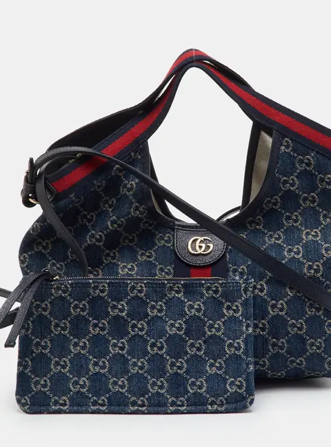 Gucci Giglio Small Navy Blue GG Denim and Leather Web Tote