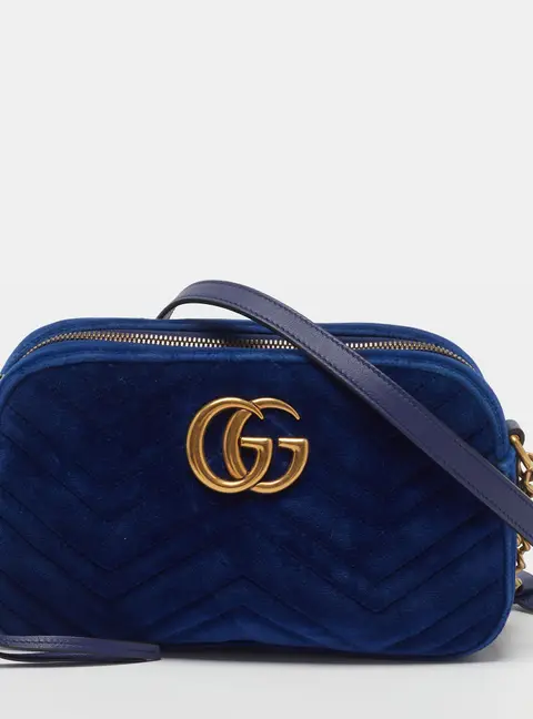 Gucci GG Marmont Small Blue Matelass&eacute; Velvet Camera Bag