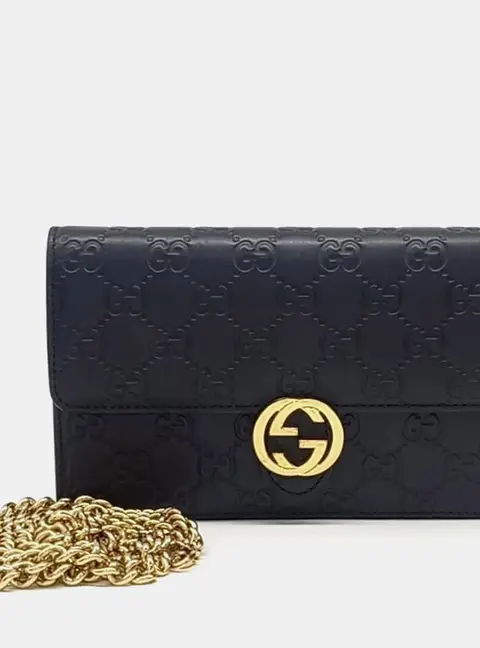 Gucci Black Leather Signature Chain Wallet/Crossbody Bag (409340)