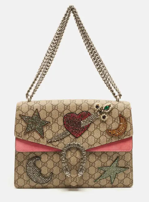 Gucci Embellished Patch Dionysus Medium Pink/Beige GG Supreme Canvas Shoulder Bag