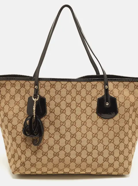 Gucci Jolie Charms Large Black/Beige GG Canvas and Patent Leather Tote