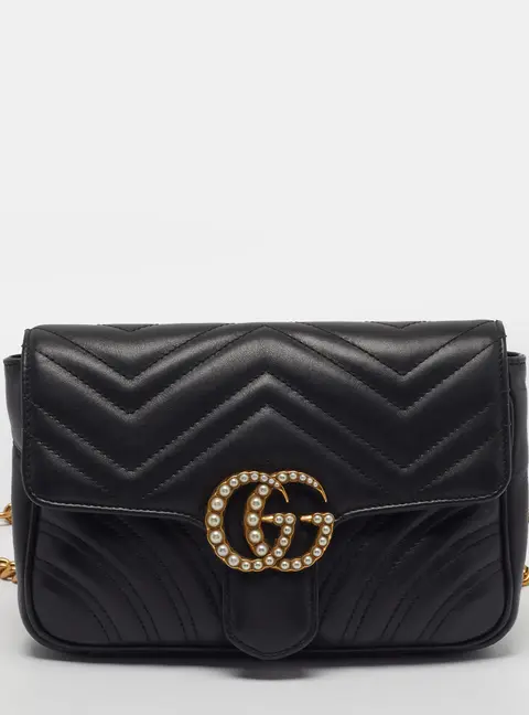Gucci GG Marmont 2.0 Faux Pearl Black Matelass&eacute; Leather Belt Bag