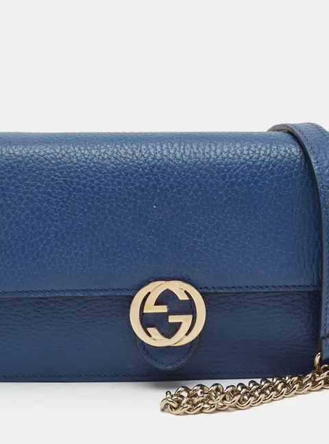 Gucci Interlocking G Blue Leather Wallet On Chain