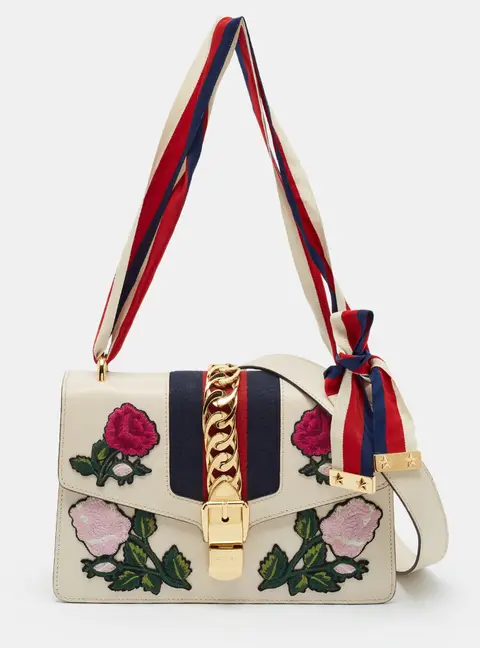 Gucci Slyvie Floral Patch Off White Leather Shoulder Bag