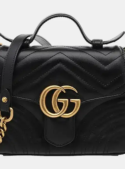 Gucci GG Marmont Mini Black Matelasse Chevron Calfskin Leather Top Handle Bag