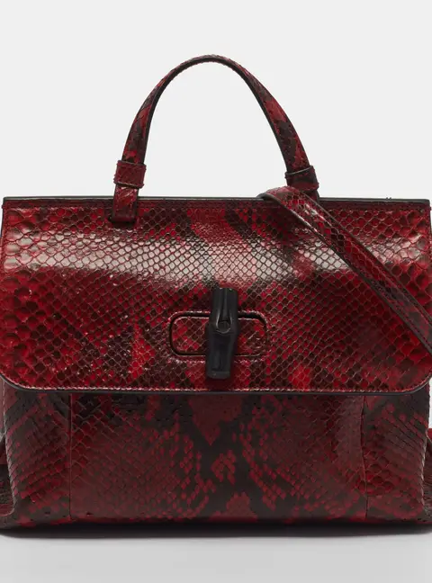 Gucci Bamboo Daily Medium Red Python Top Handle Bag