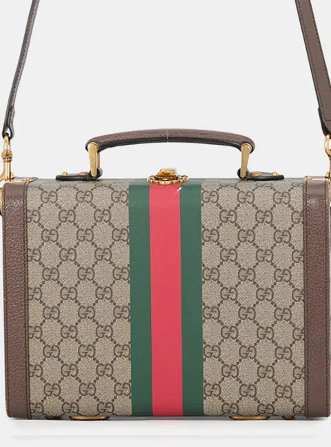 Gucci Savoy Beauty Case 2-Way Bag Beige/Brown/Green Gg Supreme Leather