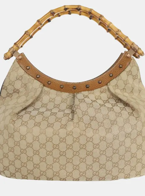 Gucci Bamboo Small Beige Monogram Canvas Shoulder Bag