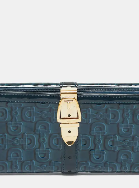 Gucci Blue Horsebit Embossed Patent Leather Buckle Flap Continental Wallet