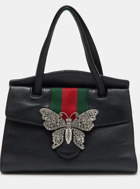 Gucci Black Leather Medium Web Butterfly Embellished Medium Linea Totem Tote