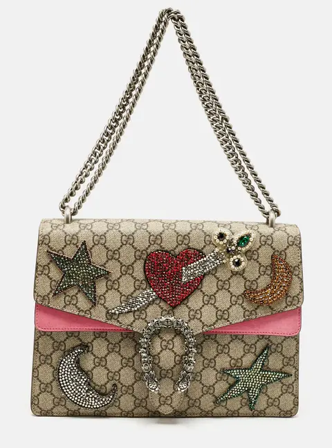Gucci Pink/Beige GG Supreme Canvas and Suede Medium Crystals Embellished Dionysus Shoulder Bag