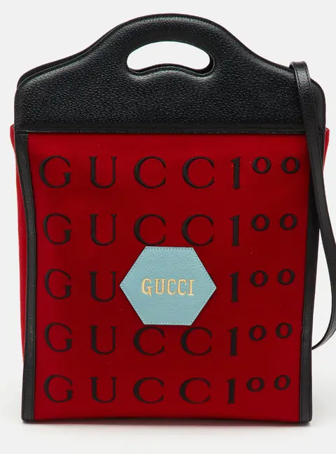 Gucci Red/Black Felt and Leather Script Logo 100 Centennial Tote
