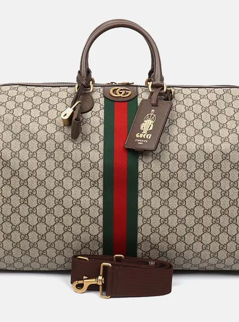 Gucci Beige Brown Leather and Coated canvas Ophidia Savoy Duffel Bag