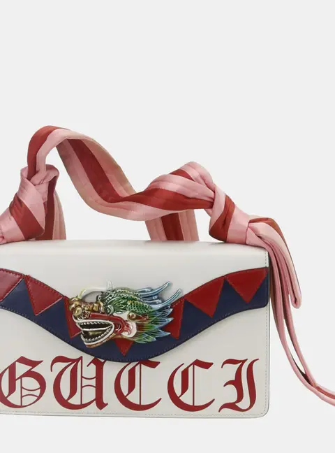 Gucci White Leather Satin Naga Dragon Head Shoulder Bag