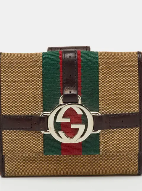 Gucci Beige/Brown Canvas and Leather Web GG Reins Compact Wallet