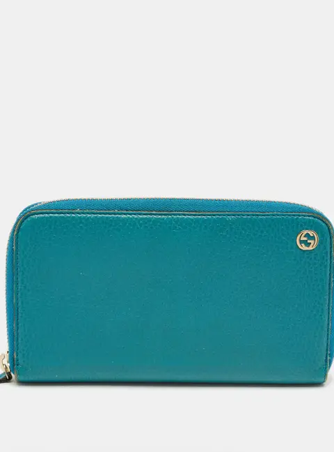 Gucci Turquoise Blue Leather Interlocking G Zip Around Wallet