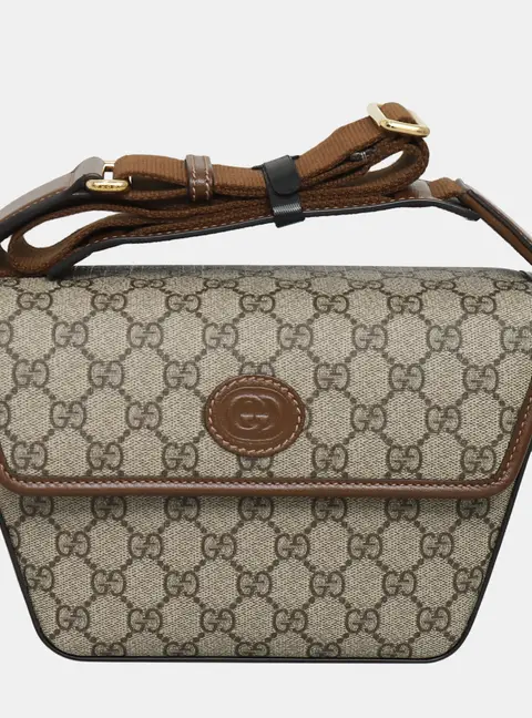 Gucci GG Supreme Small Beige Canvas Leather Crossbody Bag
