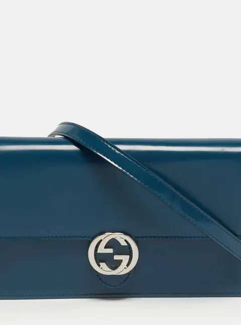 Gucci Interlocking G Teal Blue Leather Wallet On Chain