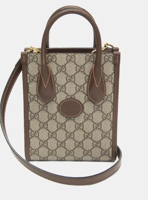 Gucci Interlocking G Leather GG Supreme Shoulder Bag Beige Brown