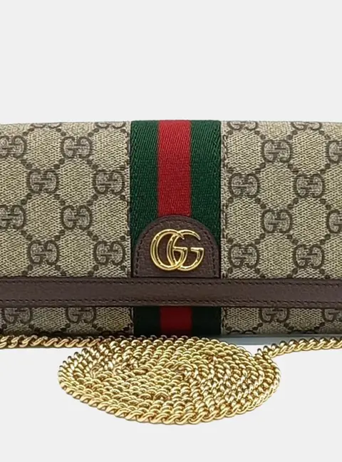 Gucci Ophidia Chain Long Wallet Beige Ebony GG Supreme Canvas and Brown Leather Wallet Bag