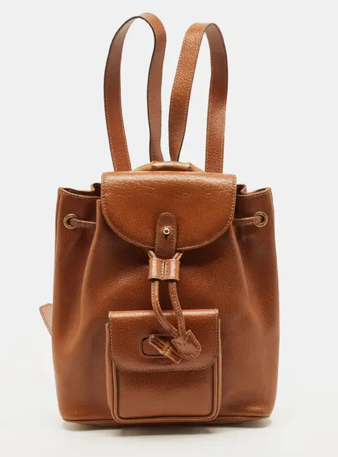 Gucci Bamboo Brown Leather Drawstring Backpack
